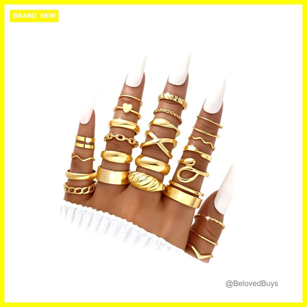 25-Piece Gold Stackable Ring Set, Sizes 4-9, Alloy Statement Rings